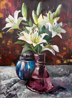 Original acrylic painting Lilies in red, still life, Art Print, Floral painting, contemporary art, painting for Kitchen, dark red picture Валерия ЛеМур - Художники